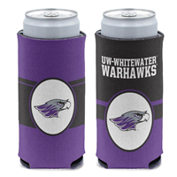 Koozie - 2 Sided Purple Mascot and UW-Whitewater over Warhawks and Mascot with Black Stripe Design