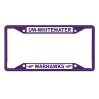 License Plate Frame - Purple UW-Whitewater over Warhawks and Double Mascot