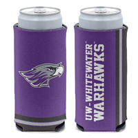 Koozie - Slim Can 2 Sided Purple Mascot and UW-Whitewater over Warhawks and Black Stripe Design