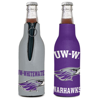 Koozie - Bottle Hugger 2 Sided Purple UW-W over Mascot over Warhawks and Gray UW-Whitewater over Mascot