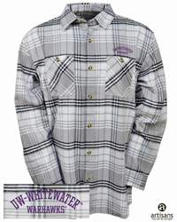 Artisans Button Up Aiden Flannel with Embroidered UW-Whitewater arched over Warhawks