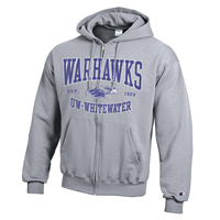 Full Zip Sweatshirt with Distressed Design Warhawks over Mascot and UW-Whitewater
