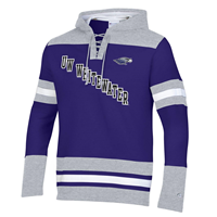 Hooded Sweatshirt Hockey Design with Tackle Twill Lettering UW-Whitewater and Embroidered Mascot