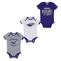 Infant Three Pack Onesie Set Purple, White and Gray