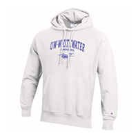 Reverse Weave Hooded Sweatshirt with UW-Whitewater arched over Warhawks and Mascot