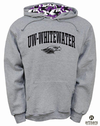 Artisans Hooded Sweatshirt UW-Whitewater arched over Mascot with Camo Hood